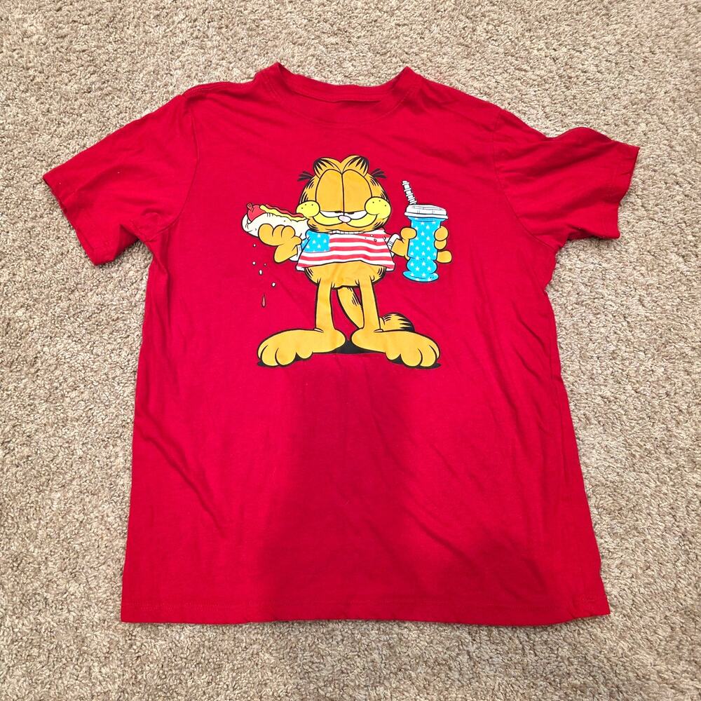 Patriotic Garfield eating hot dog and soda t-shirt youth sz 2XL